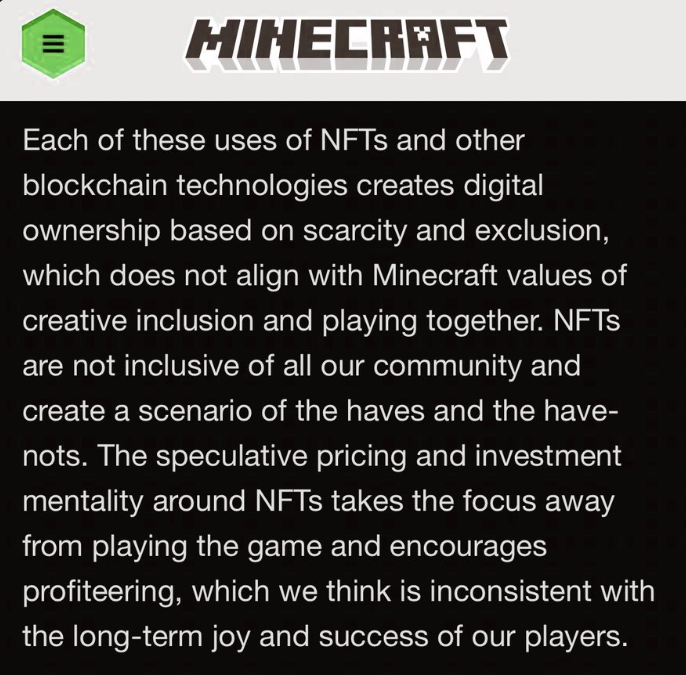 Minecraft thinks NFTs are a minefield 